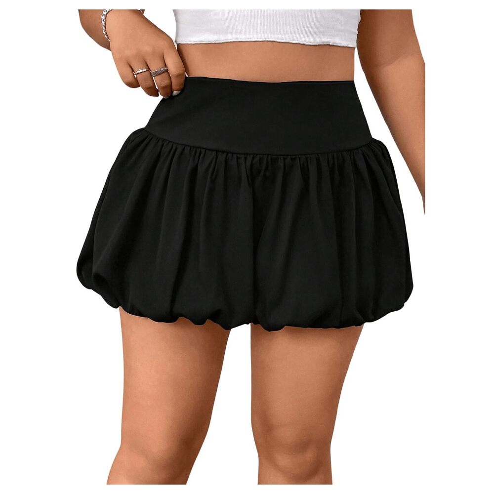 7055 Plus Size Bubble Mini Skirt High Wasted Flared Short Skirts Black 0XL